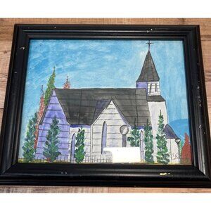 Hand-Painted Church Landscape Watercolor Art In Black Wood Frame